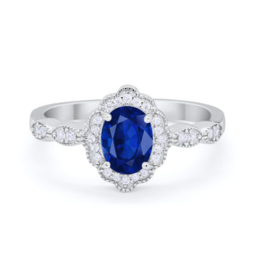 Halo Art Deco Oval Engagement Bridal Ring Simulated Blue Sapphire CZ 925 Sterling Silver